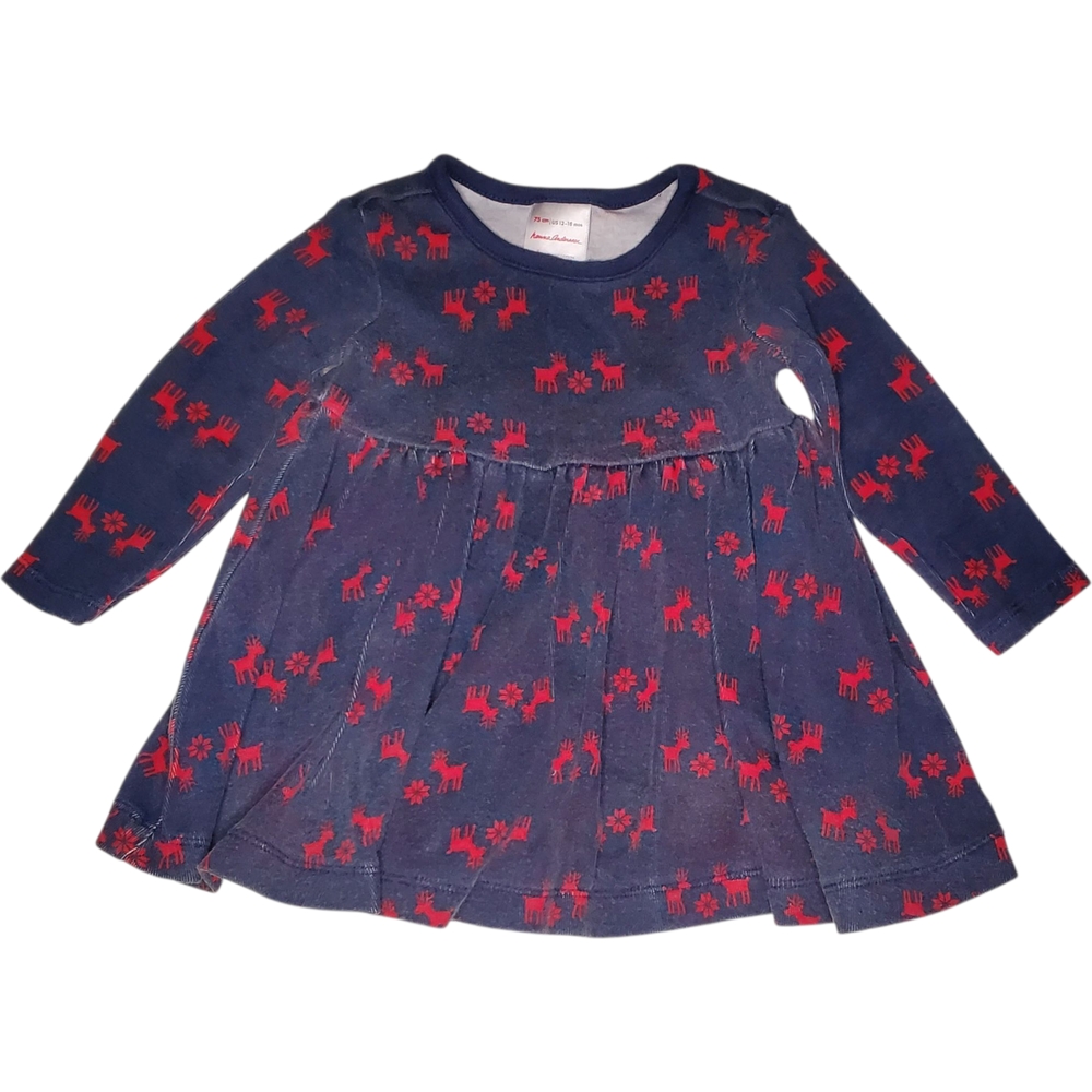 Hanna Andersson Baby Holiday Dress Little Deer On Navy Blue Baby Girls 12-18M